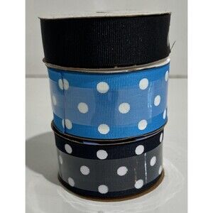 Offray Black Blue Grosgrain Ribbon 3 Spools Lot Polka Dot Solid Polyester